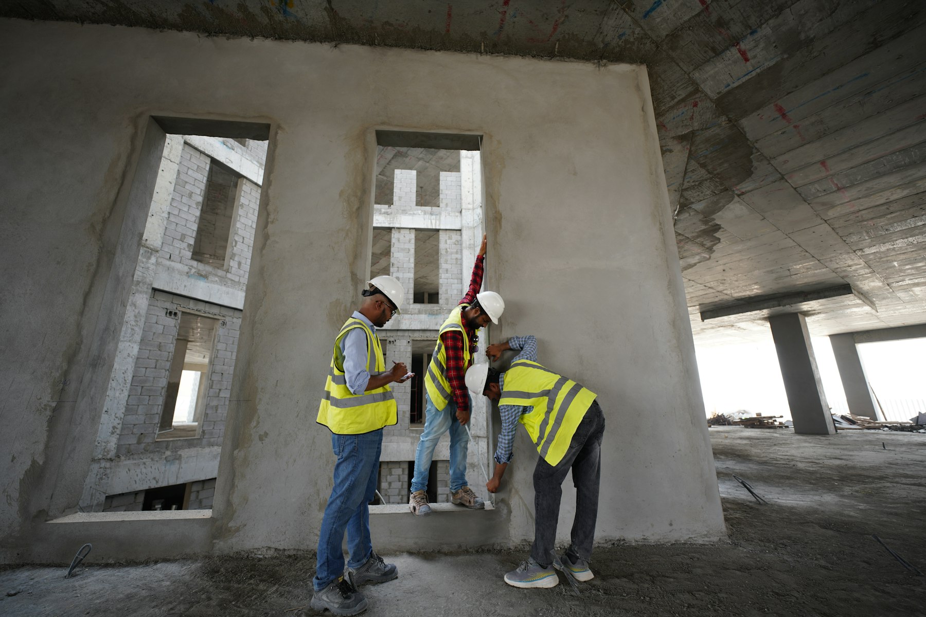 Field team measuring and inspecting concrete work inside a building under construction